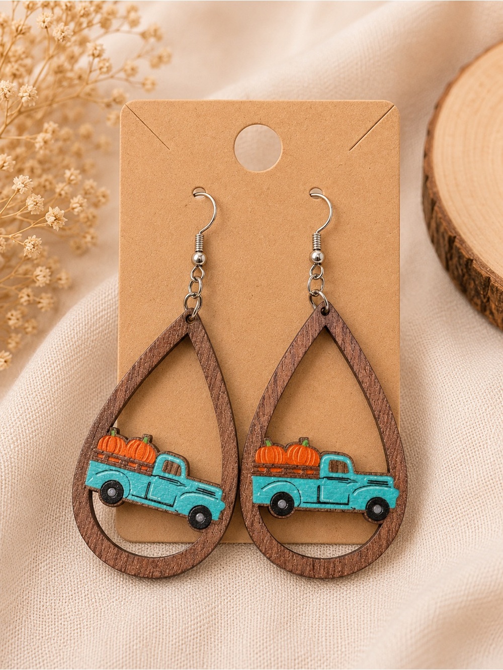 Teal Truck Pumpkin Wooden Teardrop Earrings